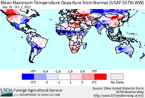 World Mean Maximum Temperature Departure from Normal (USAF 557th WW) Thematic Map For 9/26/2022 - 10/2/2022