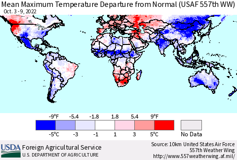 World Mean Maximum Temperature Departure from Normal (USAF 557th WW) Thematic Map For 10/3/2022 - 10/9/2022