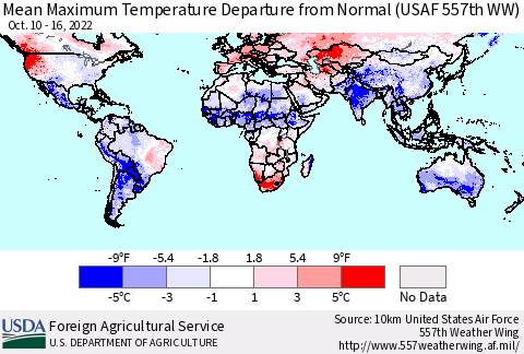 World Mean Maximum Temperature Departure from Normal (USAF 557th WW) Thematic Map For 10/10/2022 - 10/16/2022