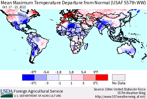 World Mean Maximum Temperature Departure from Normal (USAF 557th WW) Thematic Map For 10/17/2022 - 10/23/2022