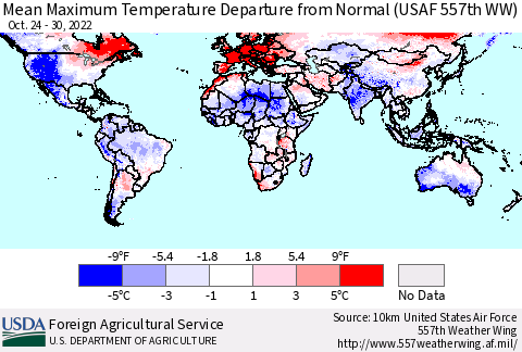 World Mean Maximum Temperature Departure from Normal (USAF 557th WW) Thematic Map For 10/24/2022 - 10/30/2022