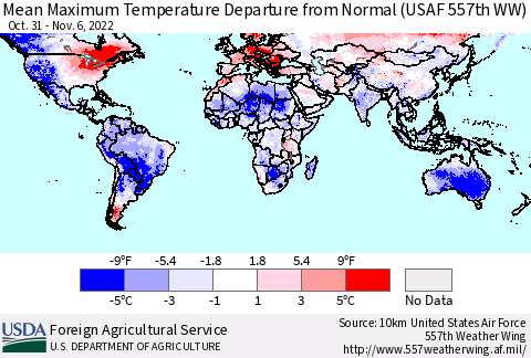 World Mean Maximum Temperature Departure from Normal (USAF 557th WW) Thematic Map For 10/31/2022 - 11/6/2022