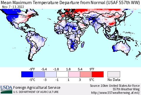 World Mean Maximum Temperature Departure from Normal (USAF 557th WW) Thematic Map For 11/7/2022 - 11/13/2022