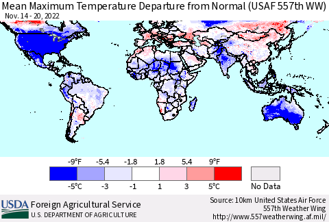 World Mean Maximum Temperature Departure from Normal (USAF 557th WW) Thematic Map For 11/14/2022 - 11/20/2022