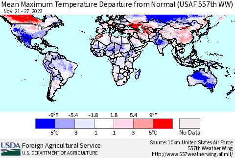 World Mean Maximum Temperature Departure from Normal (USAF 557th WW) Thematic Map For 11/21/2022 - 11/27/2022