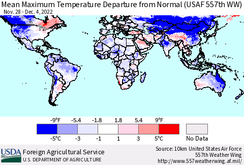 World Mean Maximum Temperature Departure from Normal (USAF 557th WW) Thematic Map For 11/28/2022 - 12/4/2022
