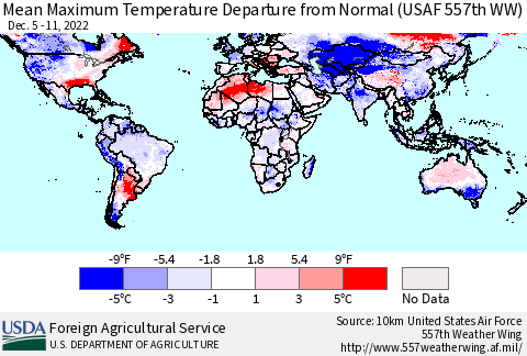 World Mean Maximum Temperature Departure from Normal (USAF 557th WW) Thematic Map For 12/5/2022 - 12/11/2022