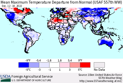 World Mean Maximum Temperature Departure from Normal (USAF 557th WW) Thematic Map For 12/12/2022 - 12/18/2022