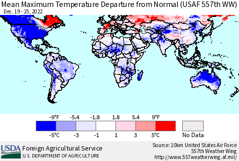 World Mean Maximum Temperature Departure from Normal (USAF 557th WW) Thematic Map For 12/19/2022 - 12/25/2022