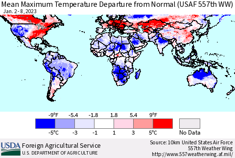 World Mean Maximum Temperature Departure from Normal (USAF 557th WW) Thematic Map For 1/2/2023 - 1/8/2023