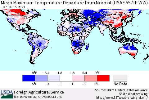 World Mean Maximum Temperature Departure from Normal (USAF 557th WW) Thematic Map For 1/9/2023 - 1/15/2023