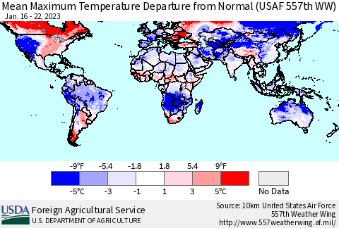 World Mean Maximum Temperature Departure from Normal (USAF 557th WW) Thematic Map For 1/16/2023 - 1/22/2023