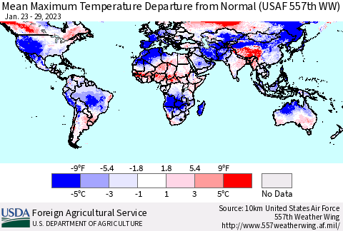 World Mean Maximum Temperature Departure from Normal (USAF 557th WW) Thematic Map For 1/23/2023 - 1/29/2023