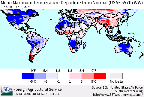 World Mean Maximum Temperature Departure from Normal (USAF 557th WW) Thematic Map For 1/30/2023 - 2/5/2023