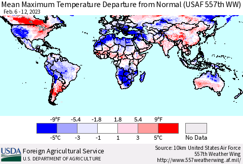 World Mean Maximum Temperature Departure from Normal (USAF 557th WW) Thematic Map For 2/6/2023 - 2/12/2023