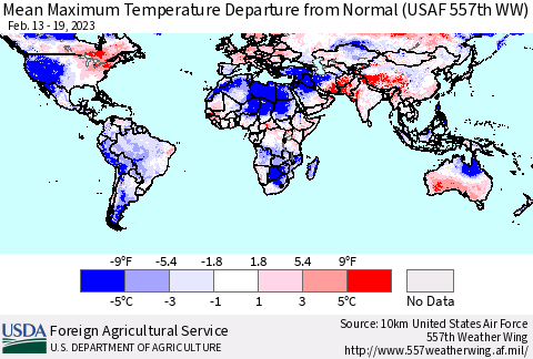 World Mean Maximum Temperature Departure from Normal (USAF 557th WW) Thematic Map For 2/13/2023 - 2/19/2023