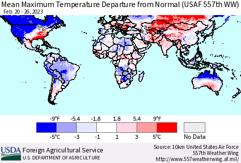 World Mean Maximum Temperature Departure from Normal (USAF 557th WW) Thematic Map For 2/20/2023 - 2/26/2023