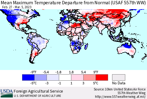 World Mean Maximum Temperature Departure from Normal (USAF 557th WW) Thematic Map For 2/27/2023 - 3/5/2023