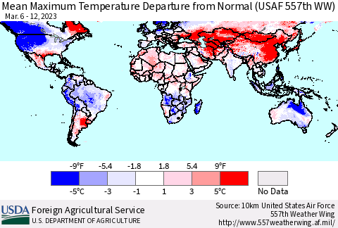 World Mean Maximum Temperature Departure from Normal (USAF 557th WW) Thematic Map For 3/6/2023 - 3/12/2023
