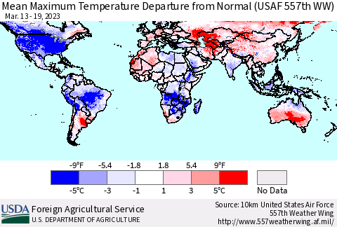 World Mean Maximum Temperature Departure from Normal (USAF 557th WW) Thematic Map For 3/13/2023 - 3/19/2023