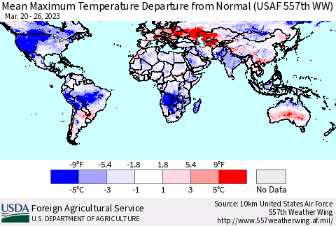 World Mean Maximum Temperature Departure from Normal (USAF 557th WW) Thematic Map For 3/20/2023 - 3/26/2023