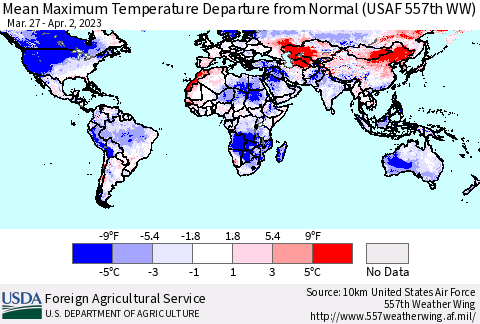 World Mean Maximum Temperature Departure from Normal (USAF 557th WW) Thematic Map For 3/27/2023 - 4/2/2023