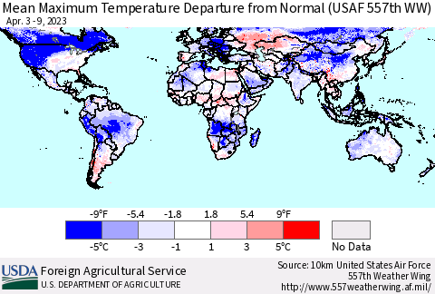 World Mean Maximum Temperature Departure from Normal (USAF 557th WW) Thematic Map For 4/3/2023 - 4/9/2023
