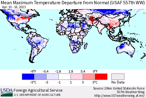World Mean Maximum Temperature Departure from Normal (USAF 557th WW) Thematic Map For 4/10/2023 - 4/16/2023