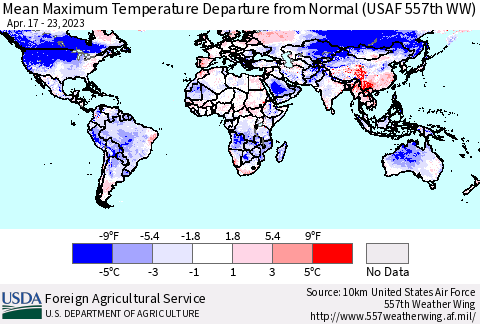World Mean Maximum Temperature Departure from Normal (USAF 557th WW) Thematic Map For 4/17/2023 - 4/23/2023