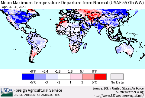 World Mean Maximum Temperature Departure from Normal (USAF 557th WW) Thematic Map For 4/24/2023 - 4/30/2023