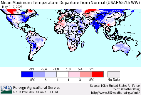 World Mean Maximum Temperature Departure from Normal (USAF 557th WW) Thematic Map For 5/1/2023 - 5/7/2023