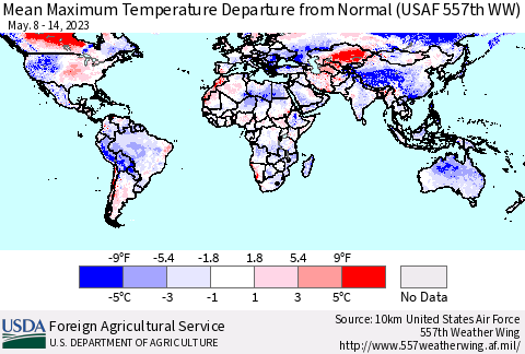 World Mean Maximum Temperature Departure from Normal (USAF 557th WW) Thematic Map For 5/8/2023 - 5/14/2023