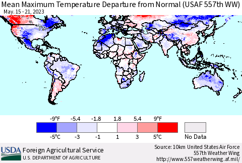 World Mean Maximum Temperature Departure from Normal (USAF 557th WW) Thematic Map For 5/15/2023 - 5/21/2023