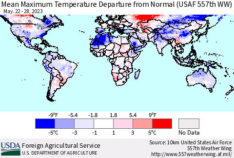 World Mean Maximum Temperature Departure from Normal (USAF 557th WW) Thematic Map For 5/22/2023 - 5/28/2023
