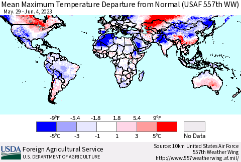 World Mean Maximum Temperature Departure from Normal (USAF 557th WW) Thematic Map For 5/29/2023 - 6/4/2023