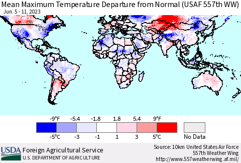 World Mean Maximum Temperature Departure from Normal (USAF 557th WW) Thematic Map For 6/5/2023 - 6/11/2023