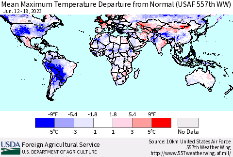 World Mean Maximum Temperature Departure from Normal (USAF 557th WW) Thematic Map For 6/12/2023 - 6/18/2023