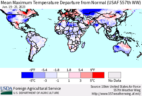 World Mean Maximum Temperature Departure from Normal (USAF 557th WW) Thematic Map For 6/19/2023 - 6/25/2023