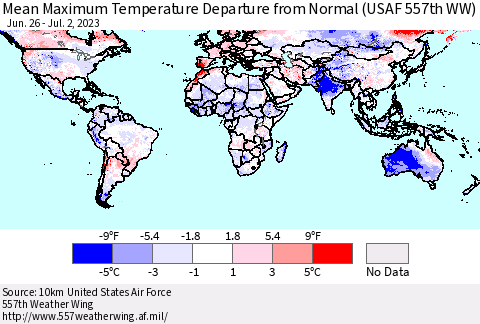 World Mean Maximum Temperature Departure from Normal (USAF 557th WW) Thematic Map For 6/26/2023 - 7/2/2023