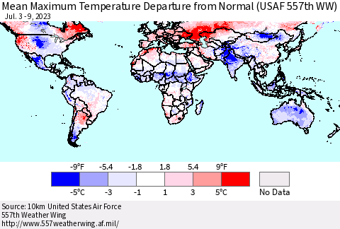 World Mean Maximum Temperature Departure from Normal (USAF 557th WW) Thematic Map For 7/3/2023 - 7/9/2023