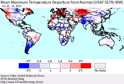 World Mean Maximum Temperature Departure from Normal (USAF 557th WW) Thematic Map For 7/10/2023 - 7/16/2023