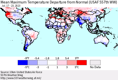 World Mean Maximum Temperature Departure from Normal (USAF 557th WW) Thematic Map For 7/17/2023 - 7/23/2023