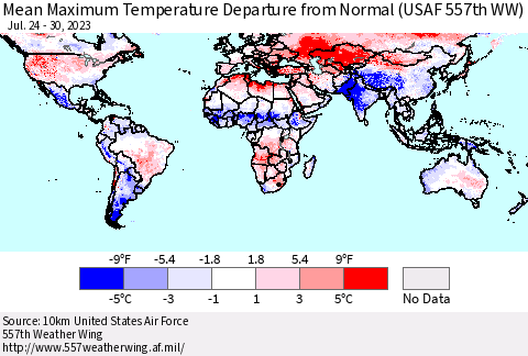 World Mean Maximum Temperature Departure from Normal (USAF 557th WW) Thematic Map For 7/24/2023 - 7/30/2023