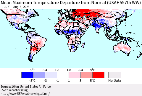 World Mean Maximum Temperature Departure from Normal (USAF 557th WW) Thematic Map For 7/31/2023 - 8/6/2023