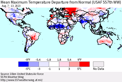 World Mean Maximum Temperature Departure from Normal (USAF 557th WW) Thematic Map For 8/7/2023 - 8/13/2023