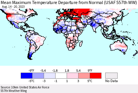 World Mean Maximum Temperature Departure from Normal (USAF 557th WW) Thematic Map For 8/14/2023 - 8/20/2023