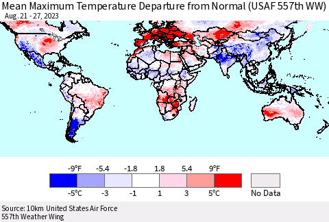 World Mean Maximum Temperature Departure from Normal (USAF 557th WW) Thematic Map For 8/21/2023 - 8/27/2023