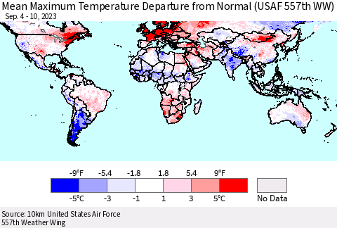 World Mean Maximum Temperature Departure from Normal (USAF 557th WW) Thematic Map For 9/4/2023 - 9/10/2023