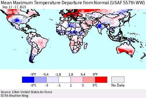 World Mean Maximum Temperature Departure from Normal (USAF 557th WW) Thematic Map For 9/11/2023 - 9/17/2023