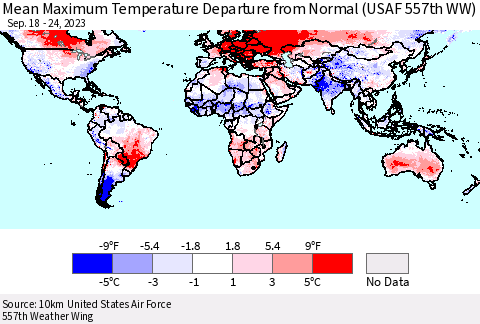 World Mean Maximum Temperature Departure from Normal (USAF 557th WW) Thematic Map For 9/18/2023 - 9/24/2023